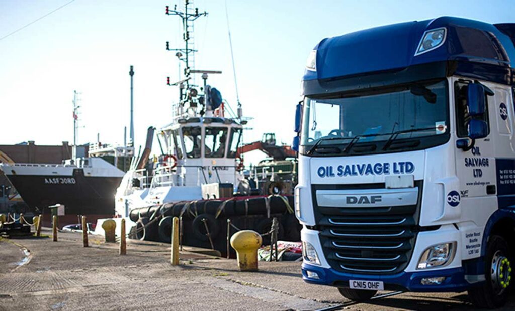 an Oil Salvage vehicle in front of the Liverpool docks