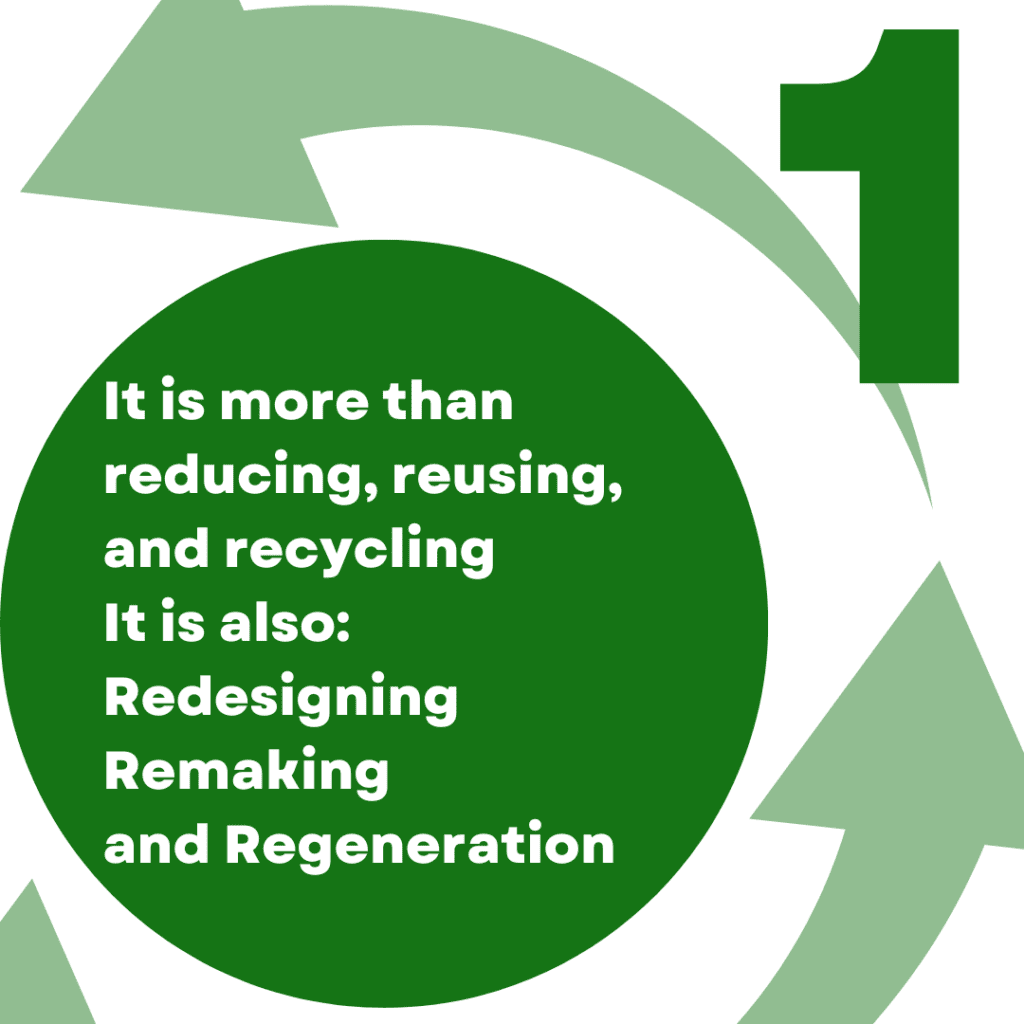 text: it is more than reducing, reusing and recycling. It is also: redesigning, remaking, and regeneration