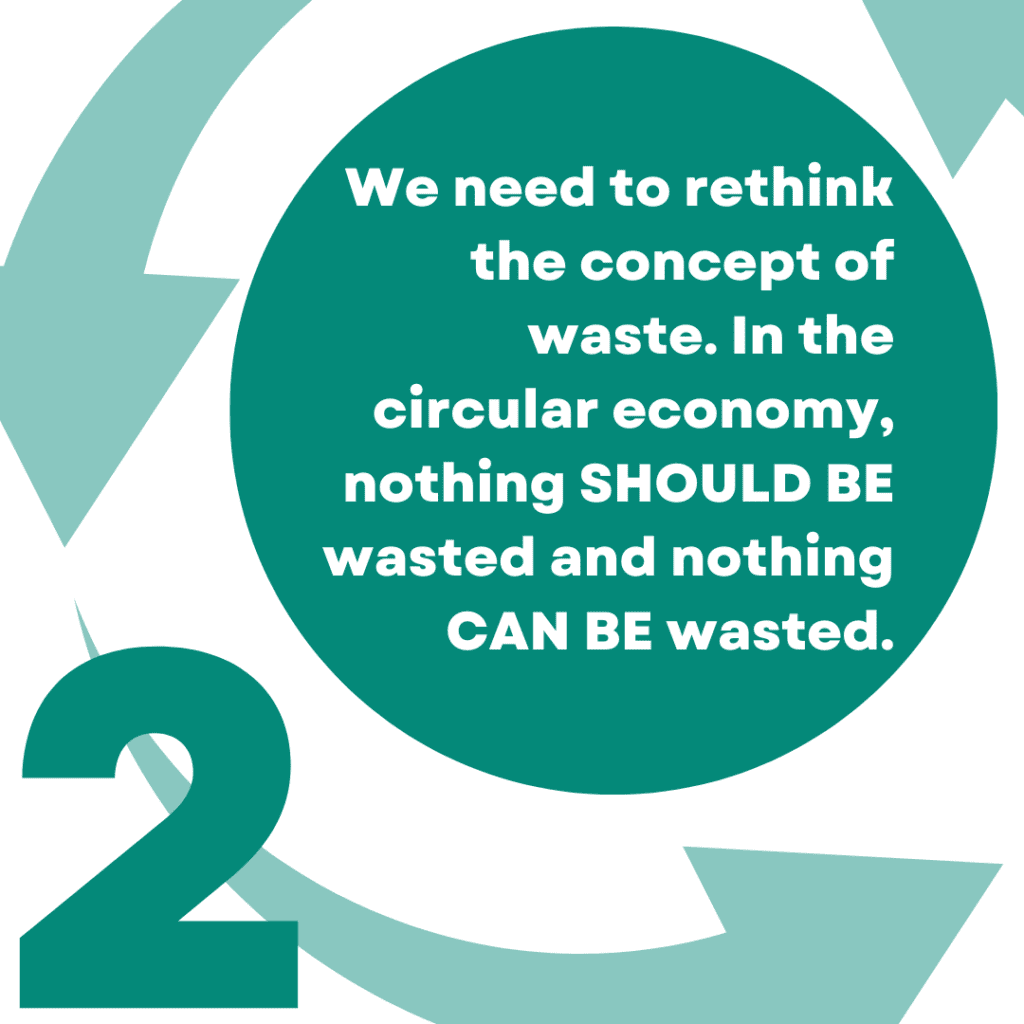 Text: we need to rethink the concept of waste. In the circular economy, nothing SHOULD BE wasted and nothing CAN BE wasted.