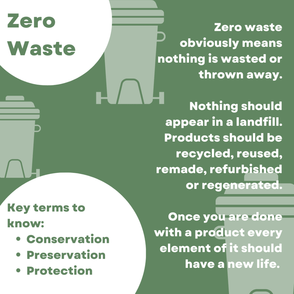 Text: Zero waste obviously means nothing is wasted or thrown away.  Nothing should appear in a landfill. Products should be recycled, reused, remade, refurbished or regenerated.  Once you are done with a product every element of it should have a new life. 